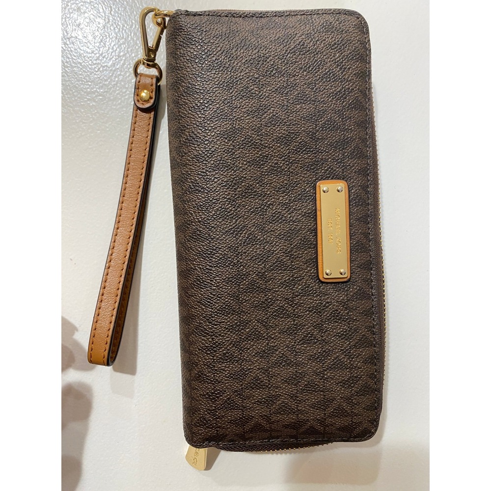 Michael Kors Jet Set Travel Continental Wristlet Wallet Brown Logo Gold Hardware